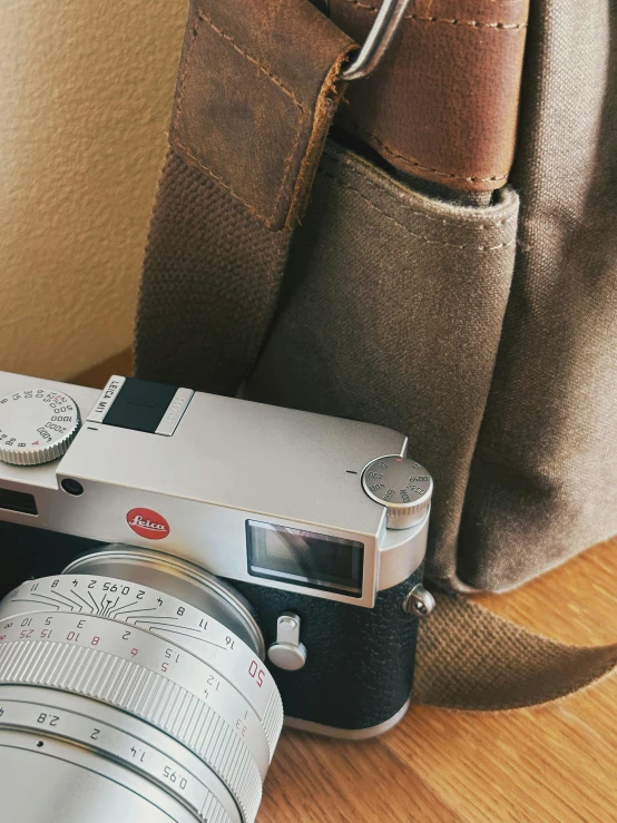 an old camera sits near an antique purse