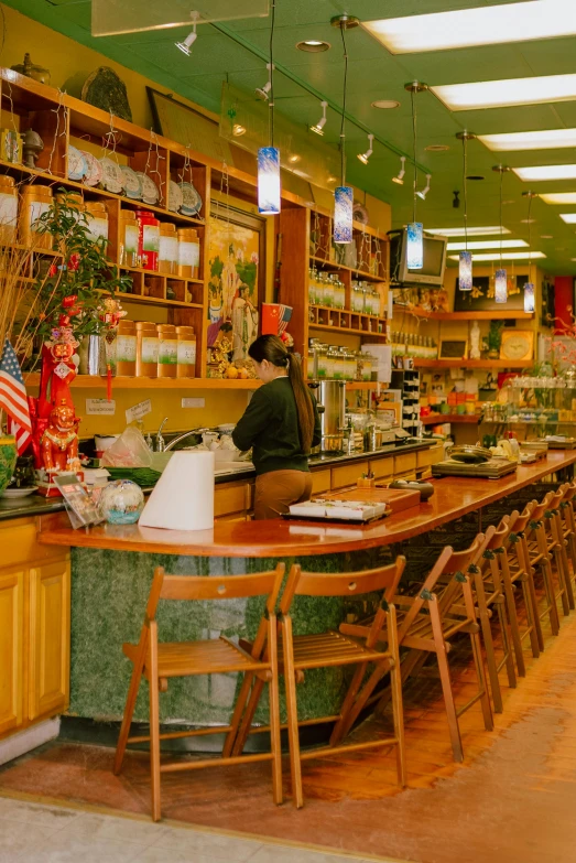 a person standing behind the bar in a store