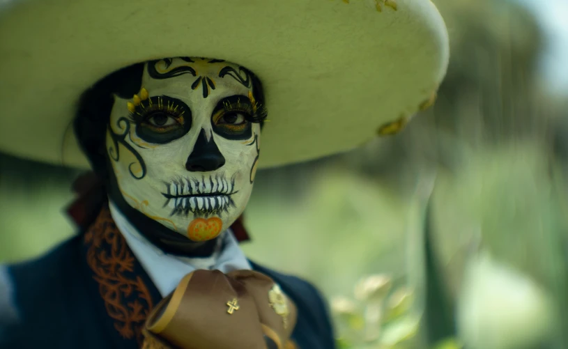 a skeleton wearing a sombrero with a hat on
