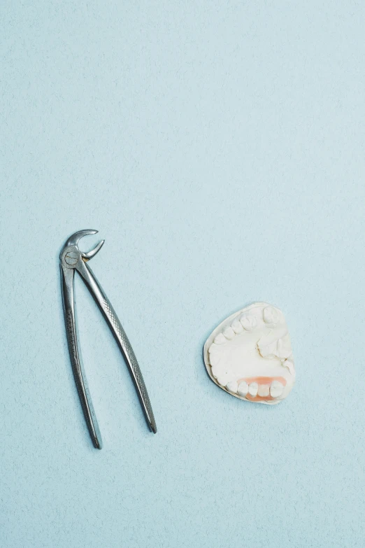 a pair of scissors and an artificial tooth are sitting on the blue surface