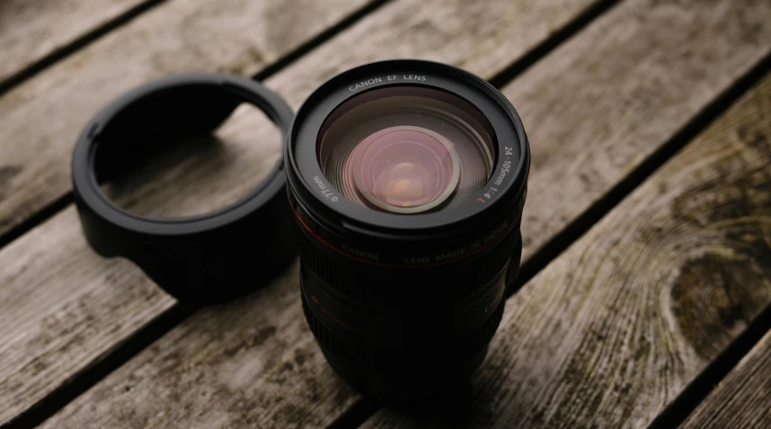 a camera lens sitting on top of a wooden table