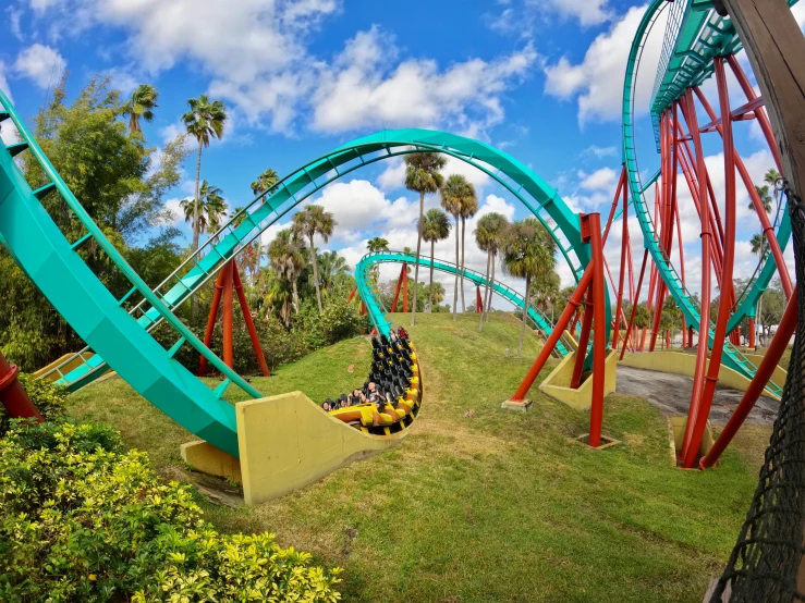 an amut park with lots of slides and trees