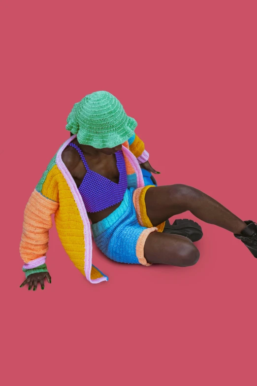 a woman in a colorful jacket and hat sitting on the floor