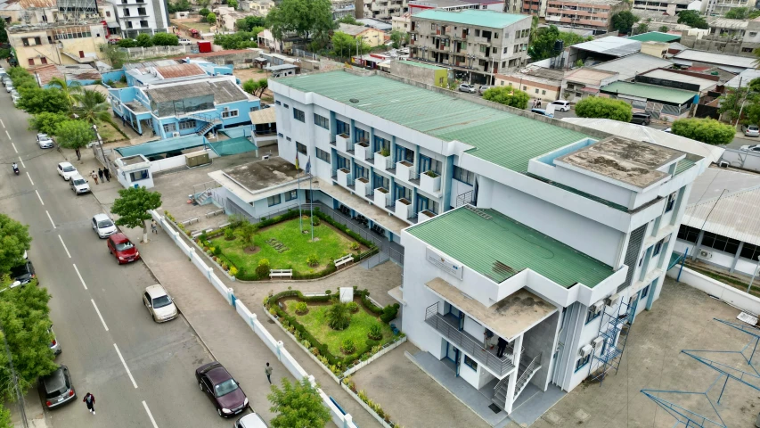 the aerial view shows an aerial view of a street