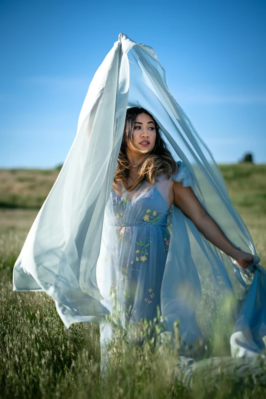 woman in dress with large sheet dd over her head