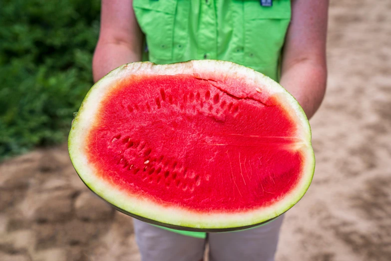 a  is holding up a whole watermelon