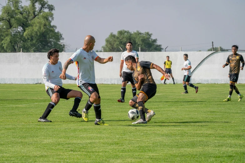 a group of people play soccer on the field