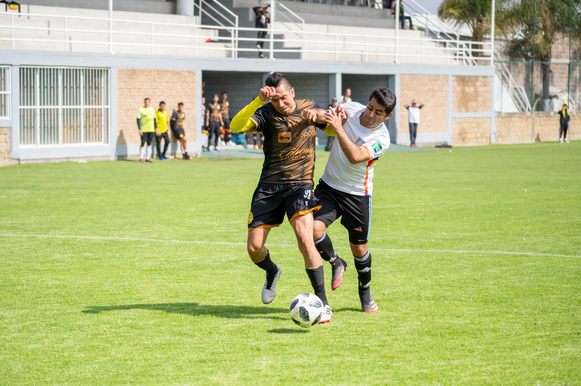 two men are competing for the soccer ball in a game