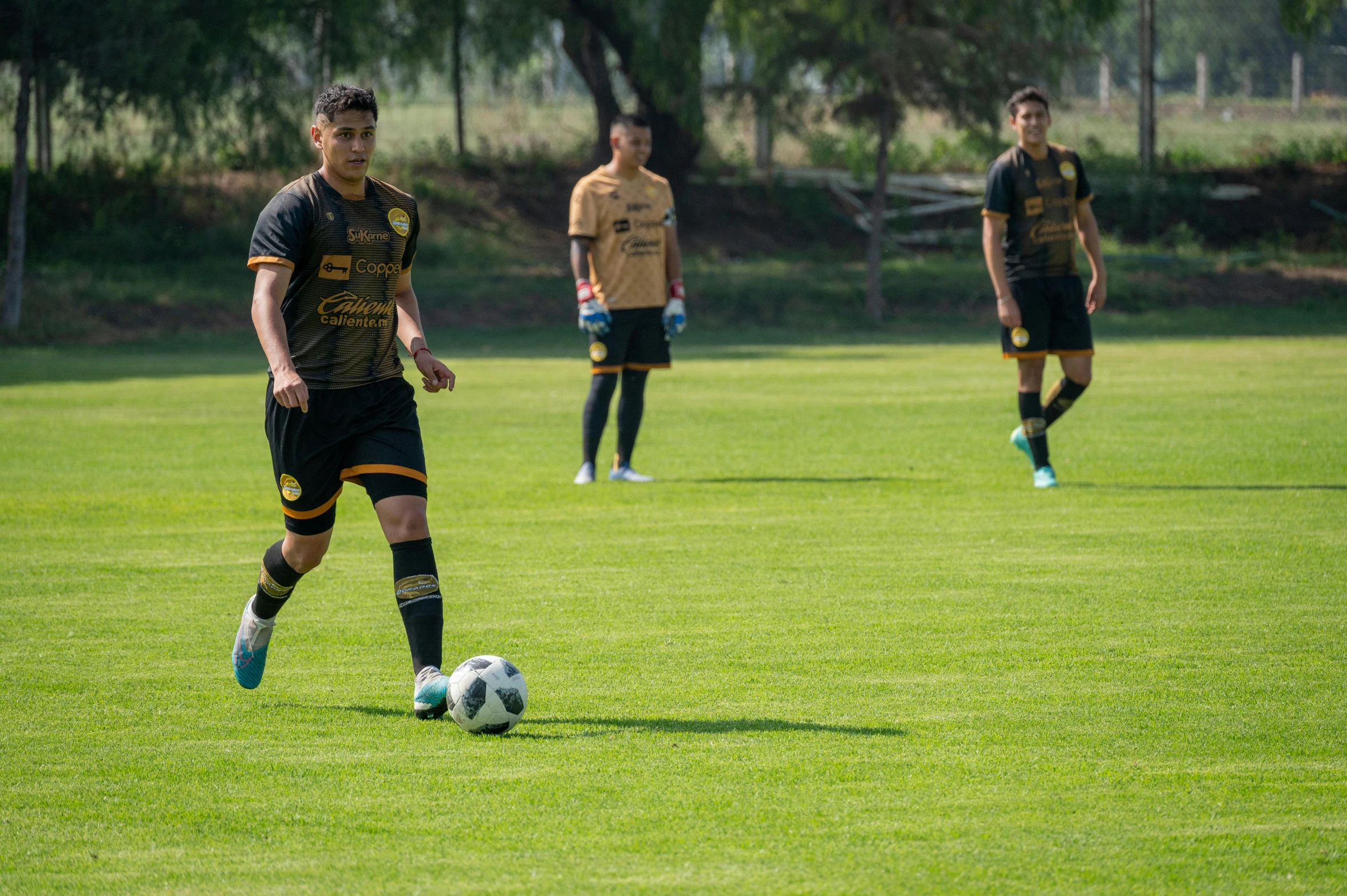 three boys are on the field playing soccer