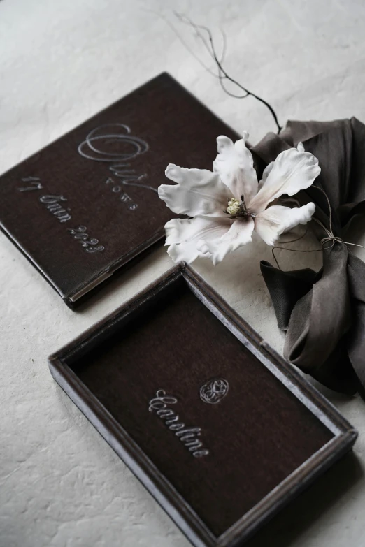 a white flower sits on top of an empty book