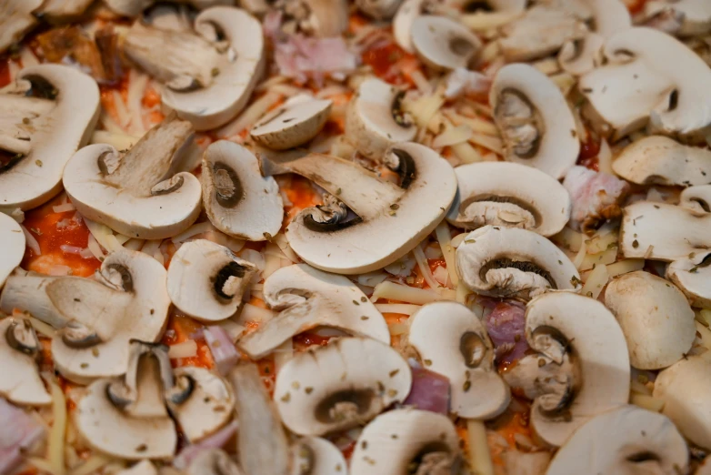 some mushrooms and cheeses sitting on top of a pizza