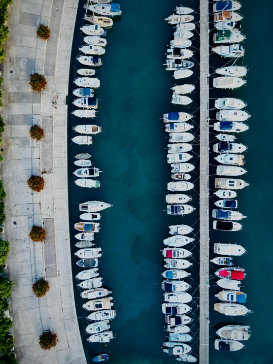 many small boats sit together in a marina