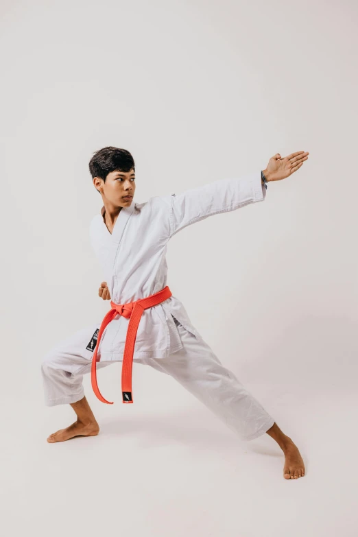 young man practicing karate poses on white background