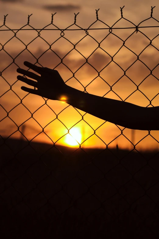 a hand sticking out the edge of a fence at the sunset