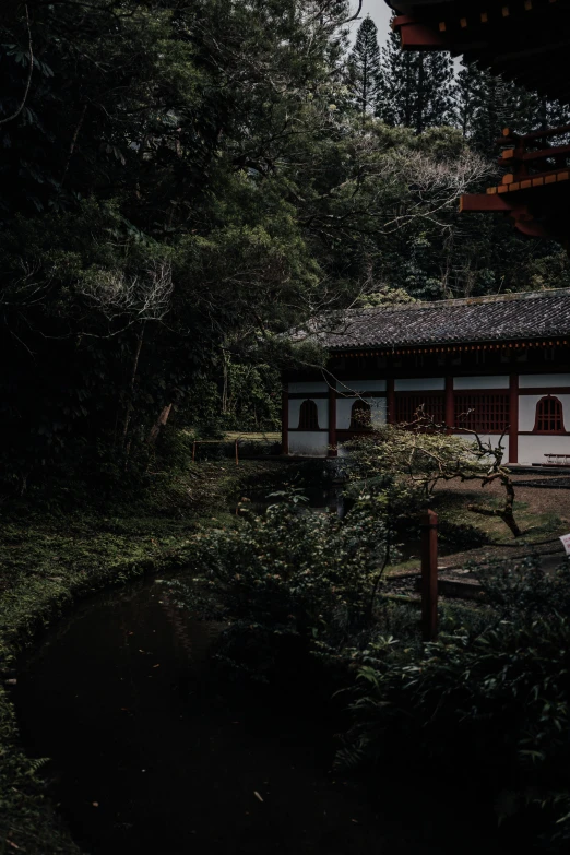 an old house sits in the woods, surrounded by trees