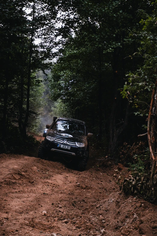 a truck is driving through a wooded area