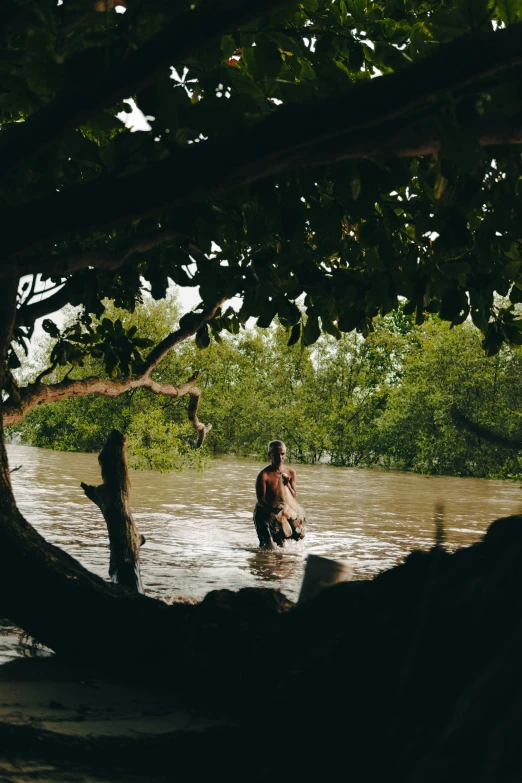 a man standing in the water by the banks