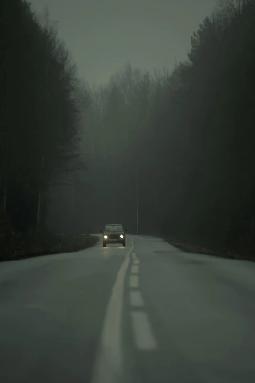 the car is driving in the dark woods