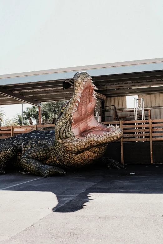 a large crocodile sitting on the ground outside a building