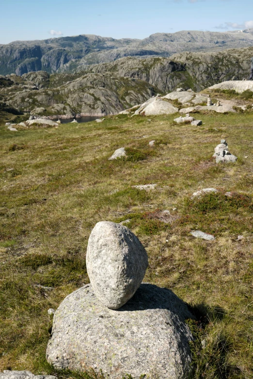 rocks and grass near an open field in the mountains