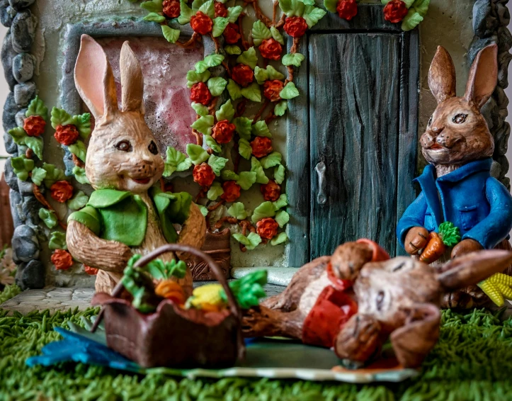 some rabbits are on the grass by some baskets