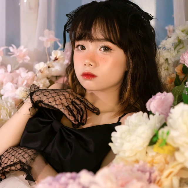 a young woman is posed next to white flowers