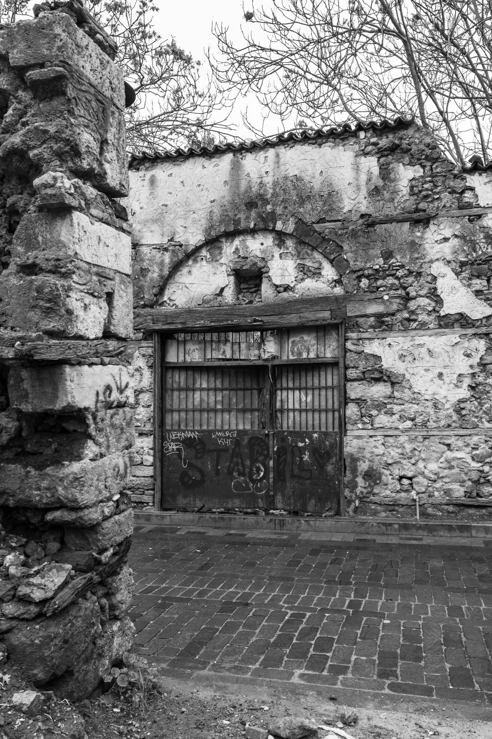 black and white po of an old stone building