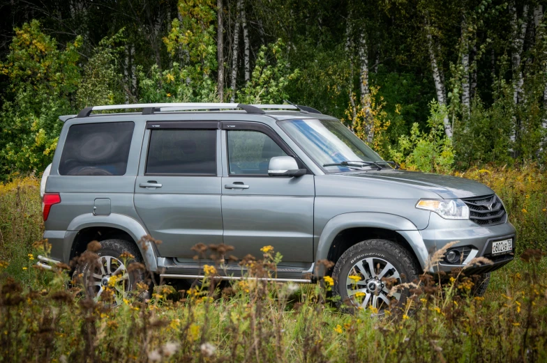 a silver suv is parked in the grass