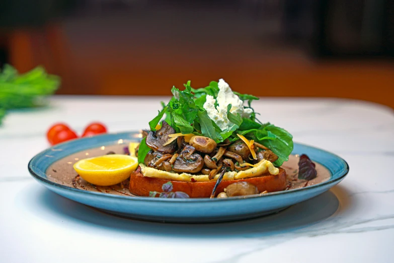 the plate holds an egg, mushrooms, and greens on it