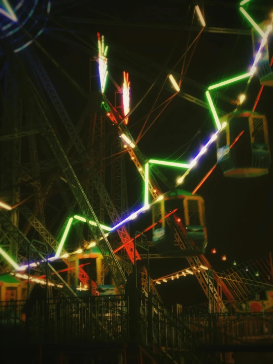 many colorful lights are above a ferris wheel