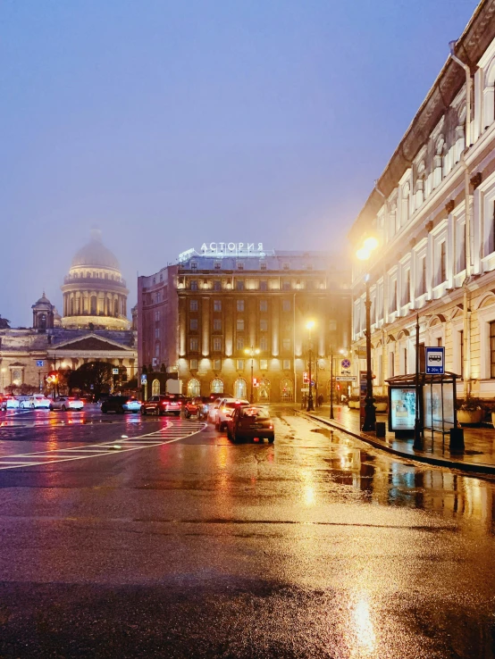 rainy street scene with cars and dome lights