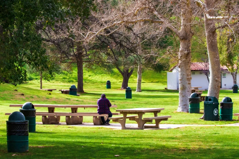 a woman is sitting alone on a bench in the park