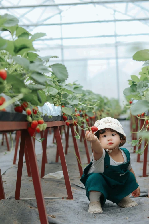 a little  kneeling next to a bunch of plants