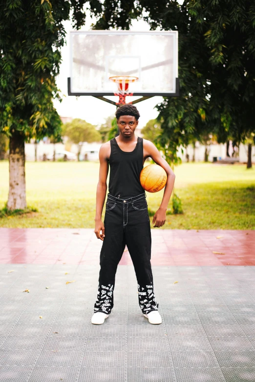 a man holding a basketball on the side of a court