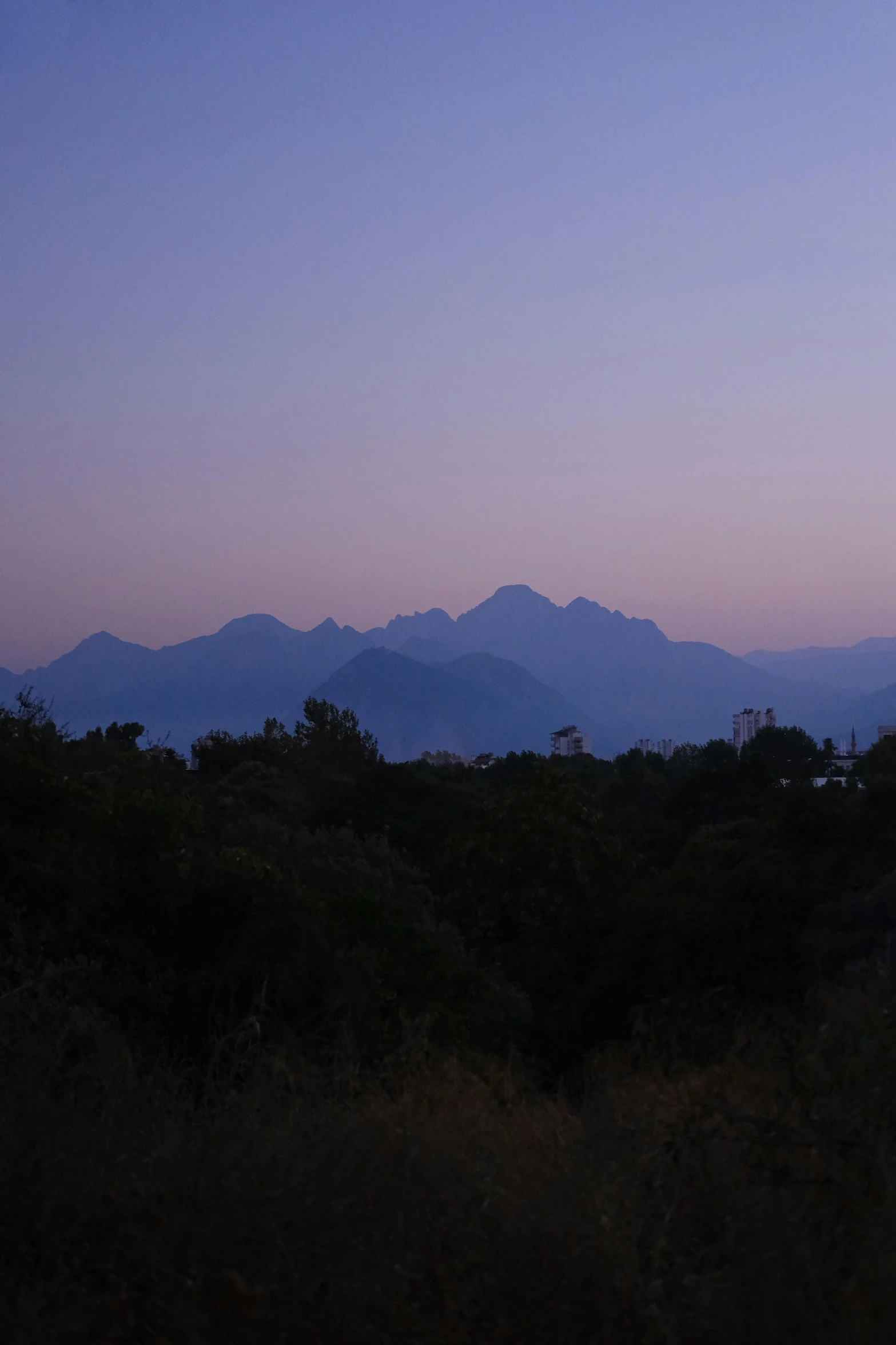 the sky is clear and is purple, with the mountain range in the background