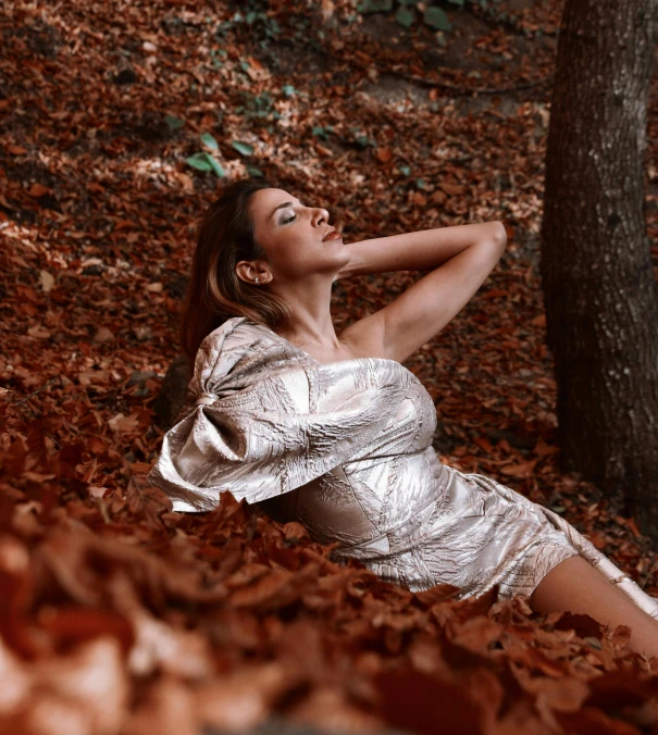 a lady laying down in a silver dress
