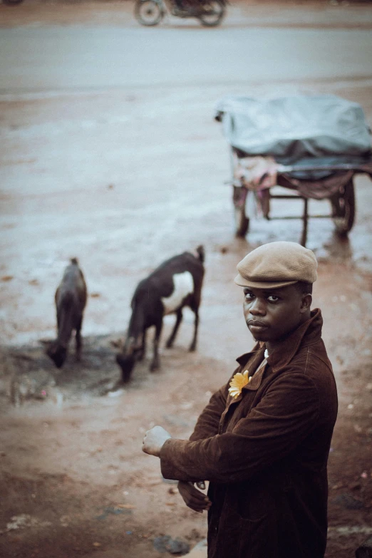 a man is standing outside and a dog in the background