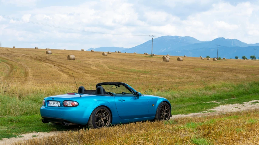 a blue sports car in a wheat field