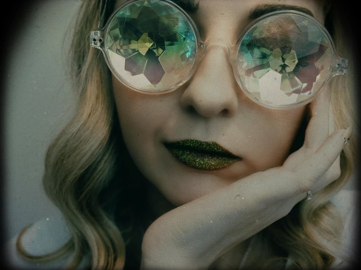 a woman with green fingernails looks through some circles