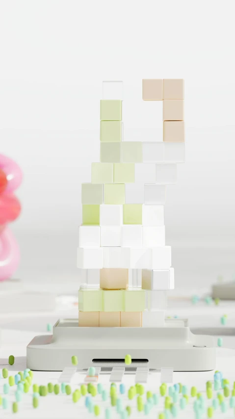 a small model sitting on top of a device with colorful beads