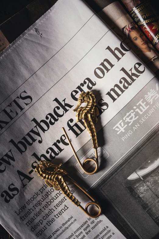a newspaper with two gold metal scissors laying on it