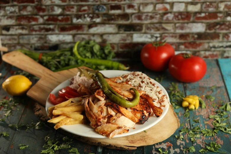 a plate of food on a wooden surface