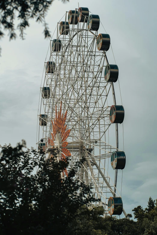 a large ferris wheel near some trees under a cloudy sky