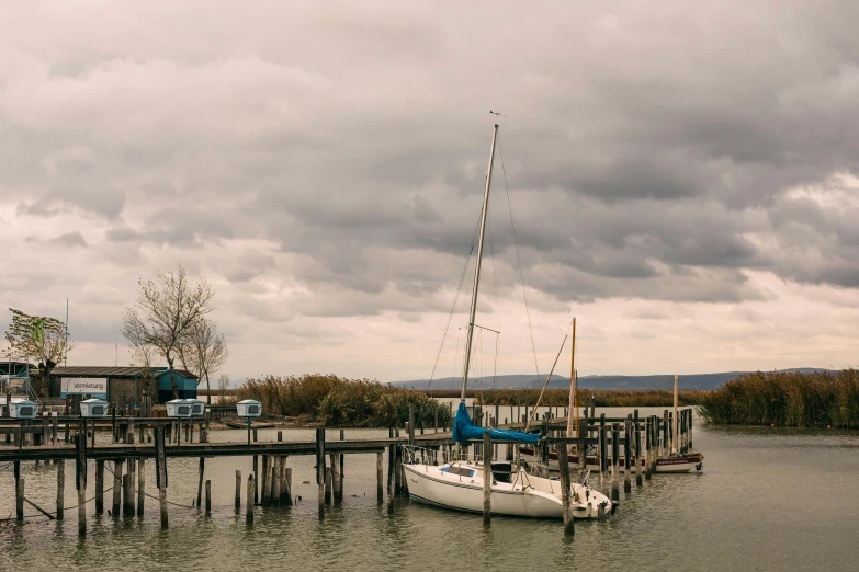 a white boat sitting next to a dock