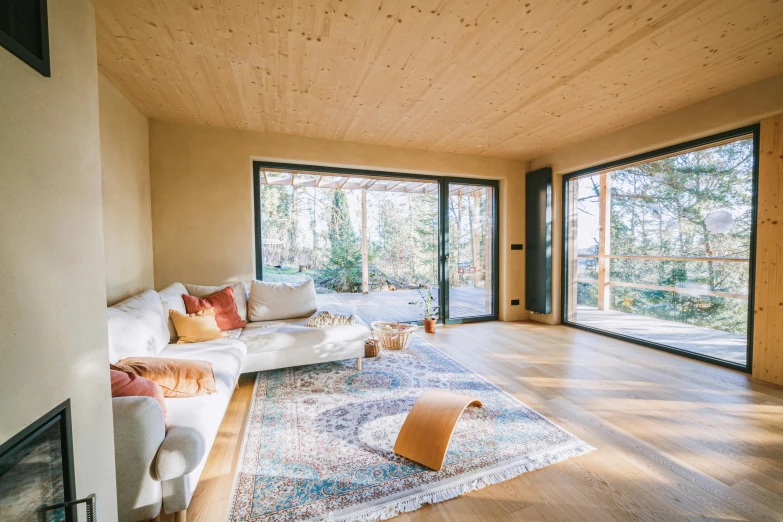 a white couch in a living room with a rug on the floor