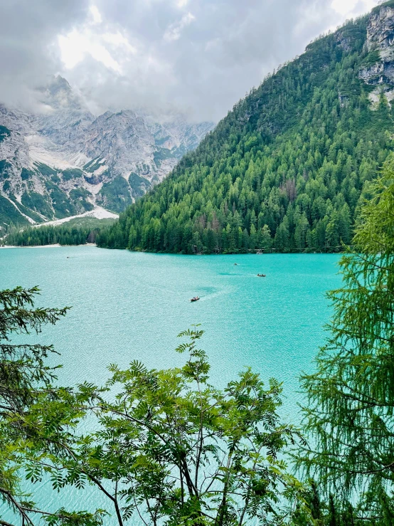 beautiful blue water surrounded by green trees under a cloudy sky