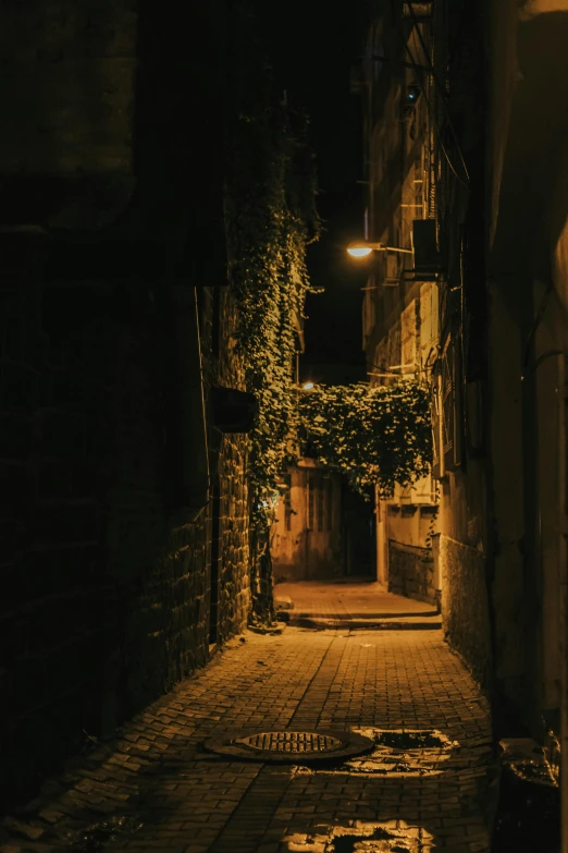 a brick street at night with some lamp hanging over it