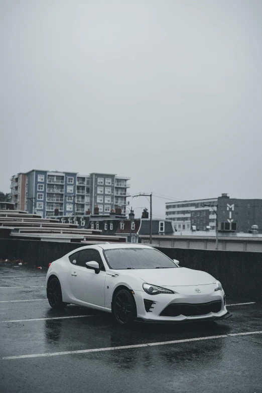 a white sports car parked in the parking lot