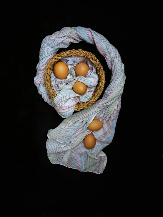 three eggs in a basket are seen from above