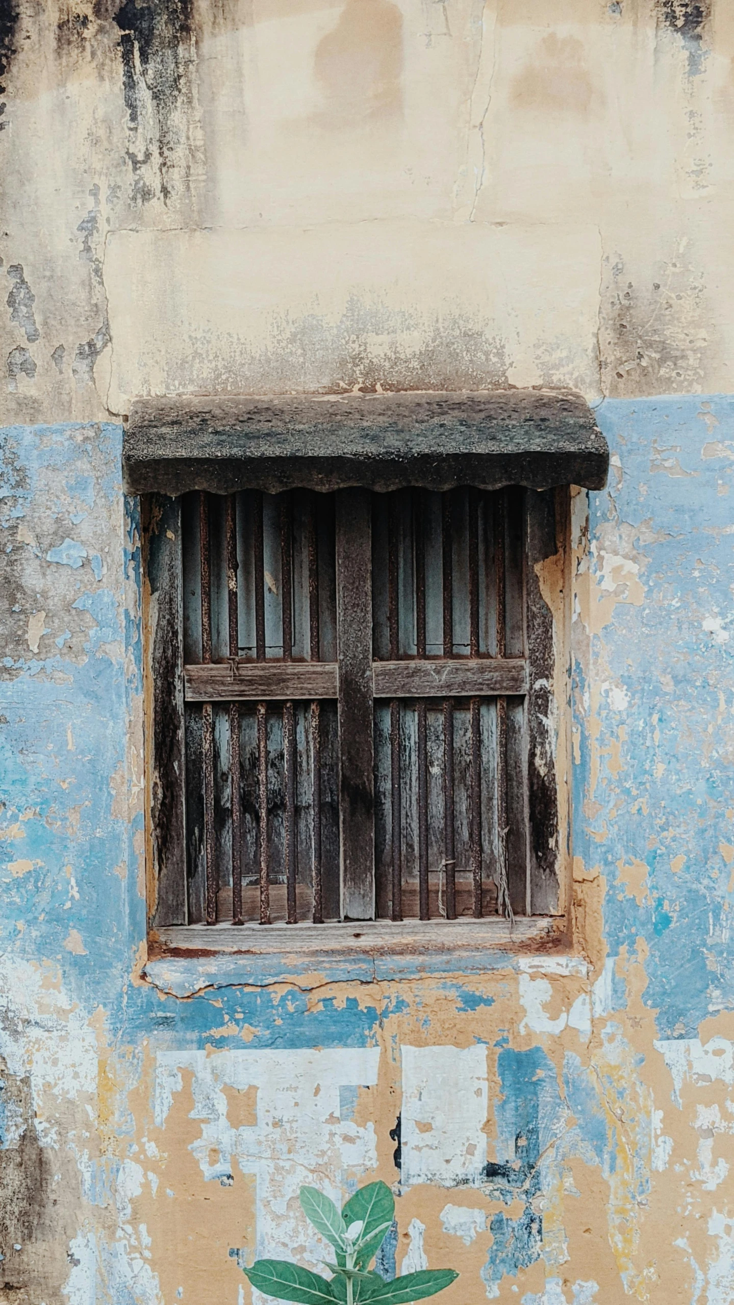 a building has windows and a blue side wall with graffiti on it